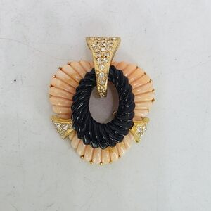 Bellini Rare Signed Carved Faux Angel Skin Coral Onyx Heart Rhinestone Pendant